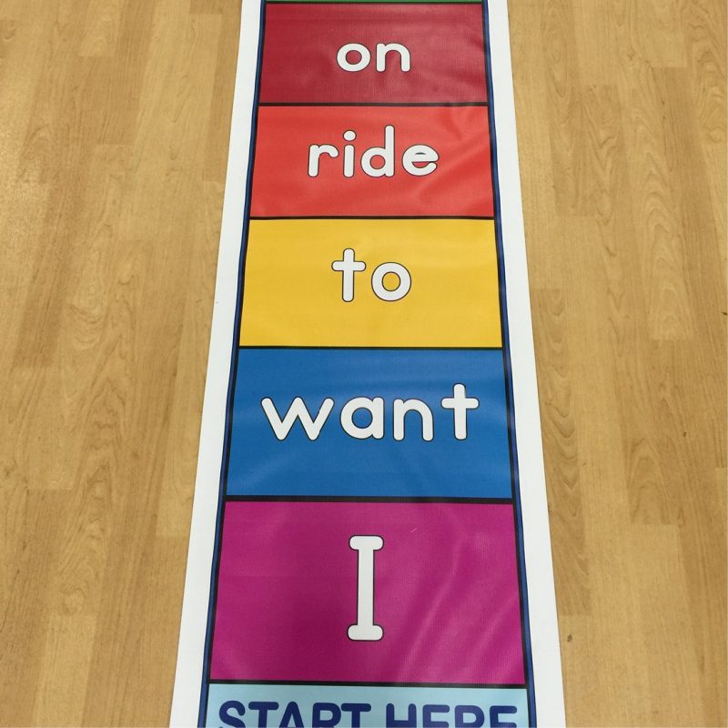 sentence hop floor mat thumbnail featuring the words "I", "want", "to", "ride", and "on"